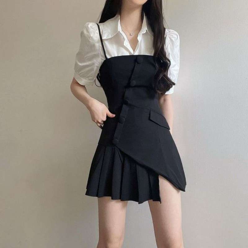 ミニワンピース アシンメトリープリーツキャミワンピース