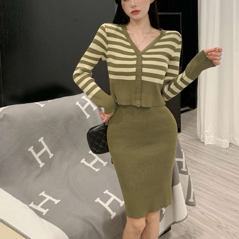 ボーダー柄カーディガン&タイトミニワンピースセット　リブ素材