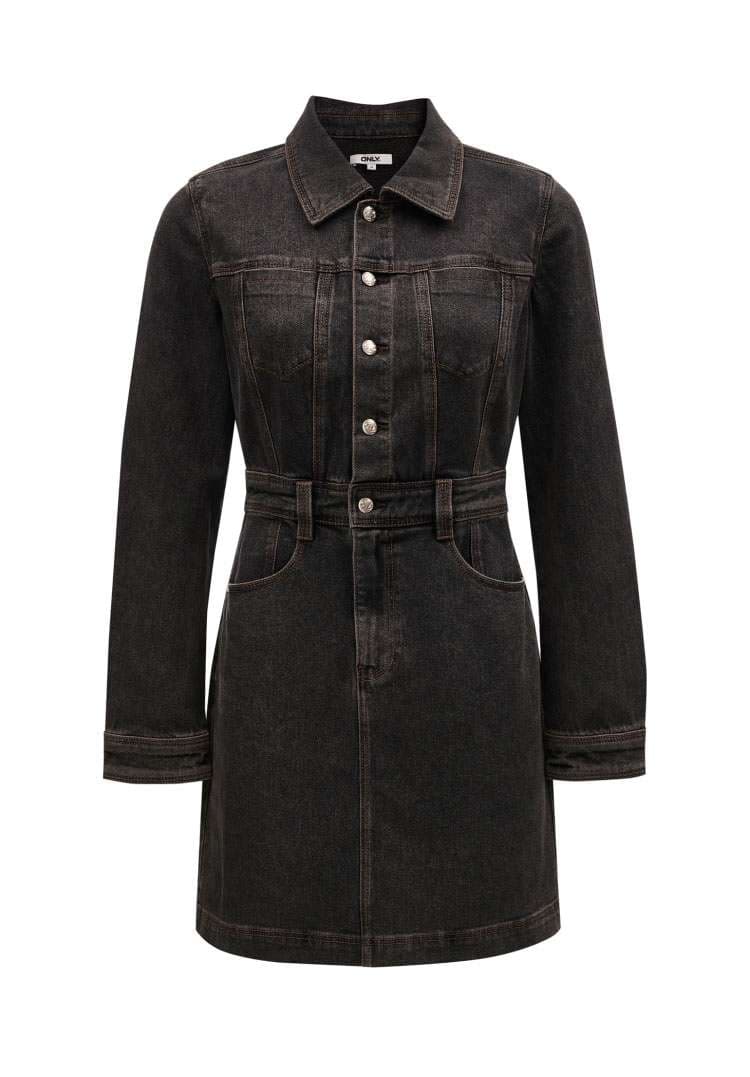 ミニワンピース 長袖デニムワンピ ブラウン ライトブルーカラー