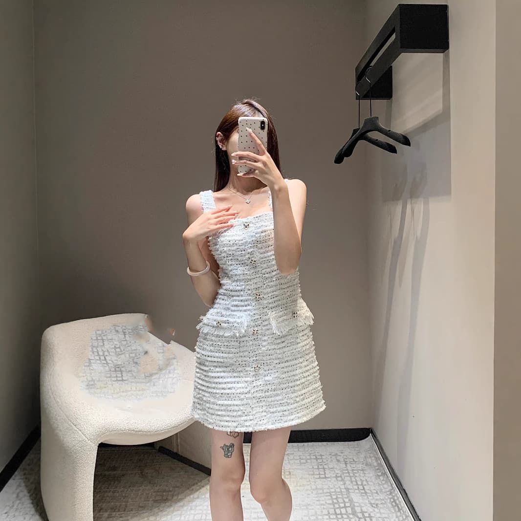 ミニワンピース 上品フリンジツイード 