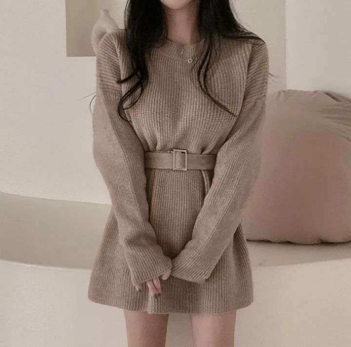 ベルト付き リブニットミニワンピース 秋冬