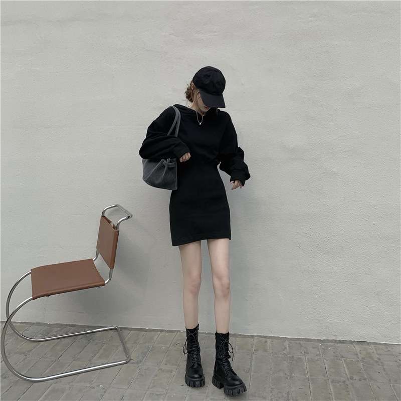 シンプルリブ切替パーカーミニワンピース