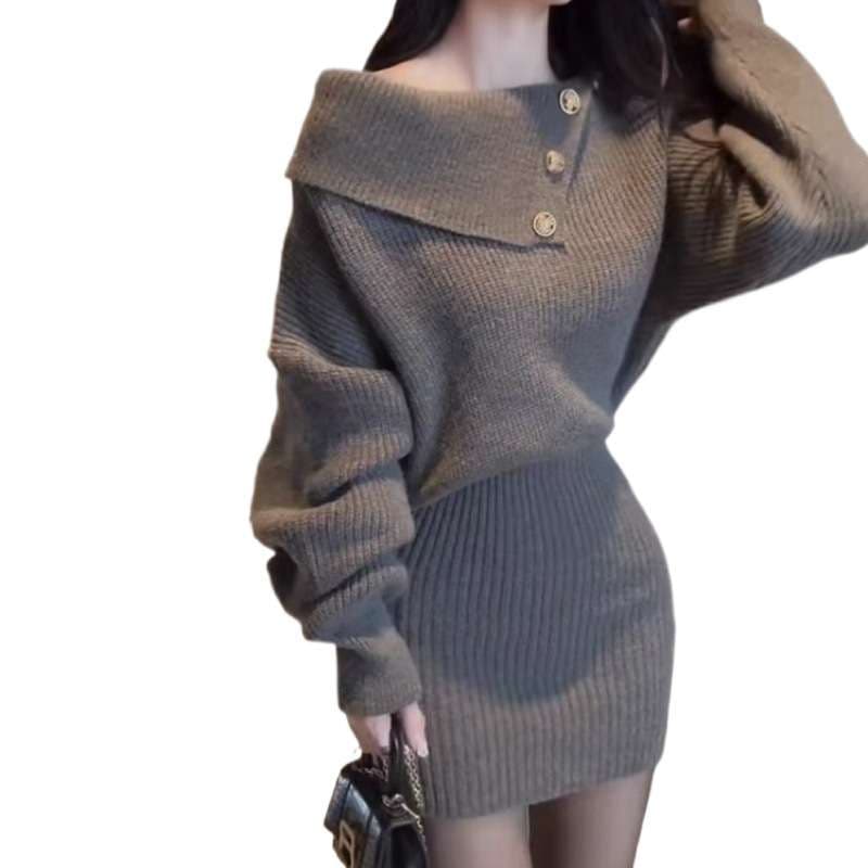 ミニワンピース オフショルダーボタンデザインニットワンピ