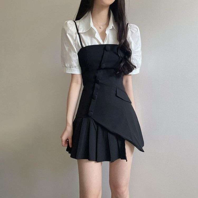 ミニワンピース アシンメトリープリーツキャミワンピース