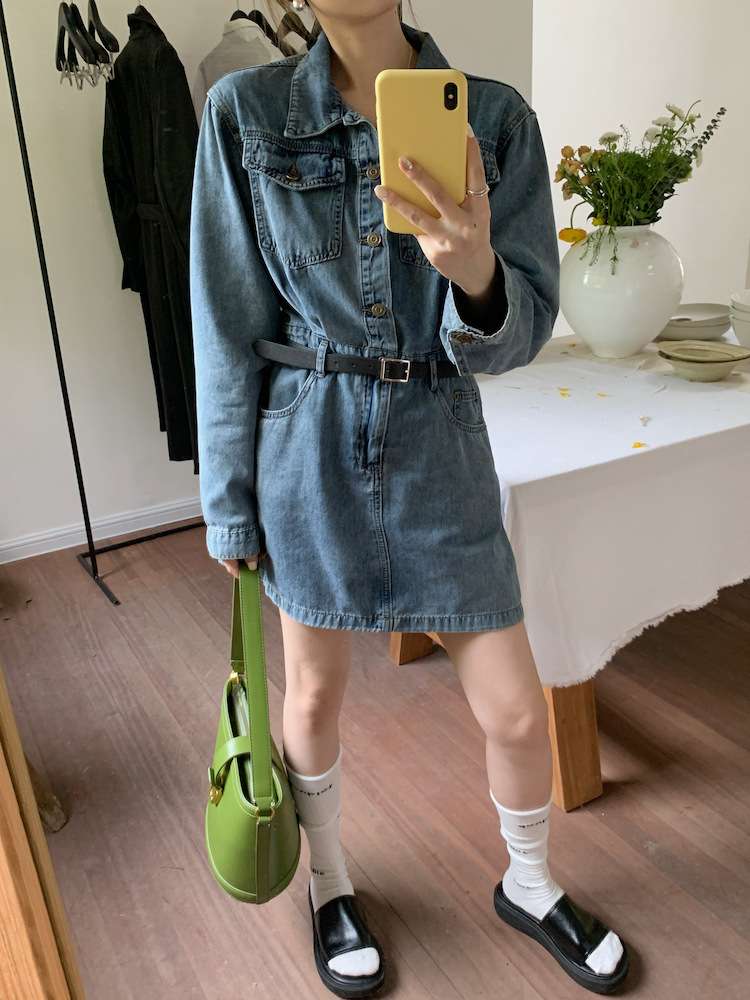 ベルト付きデニムミニワンピース