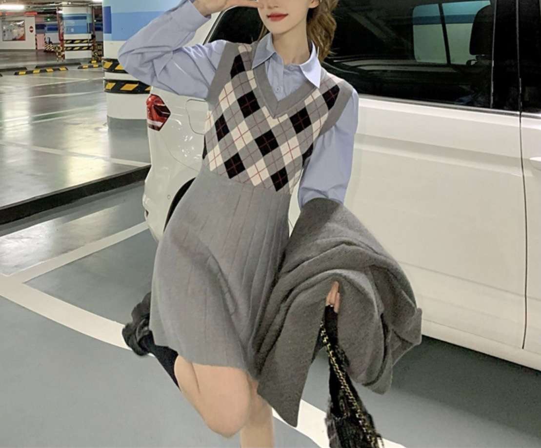 チェック柄ベスト付きシャツミニワンピース