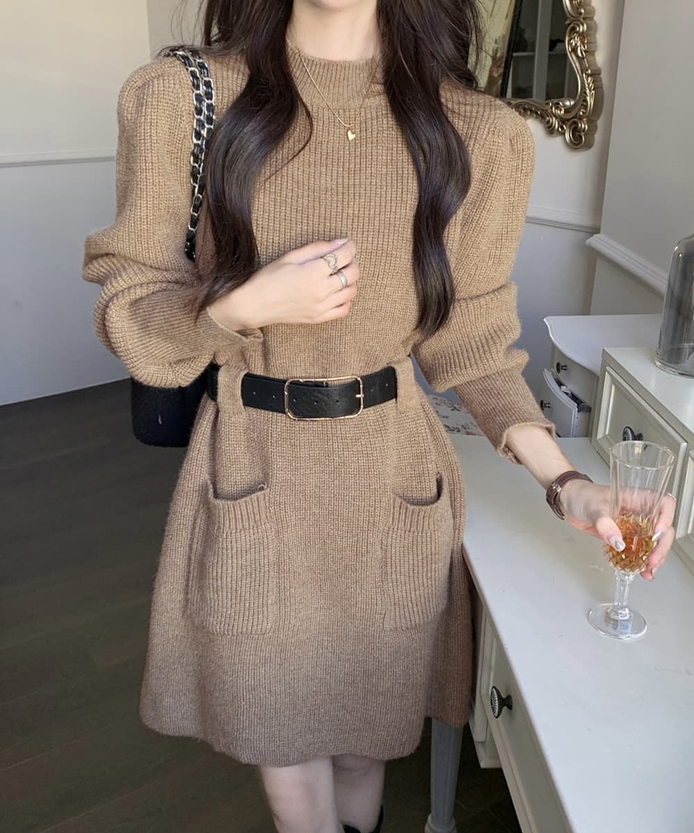 ベルト付きリブニットミニワンピース