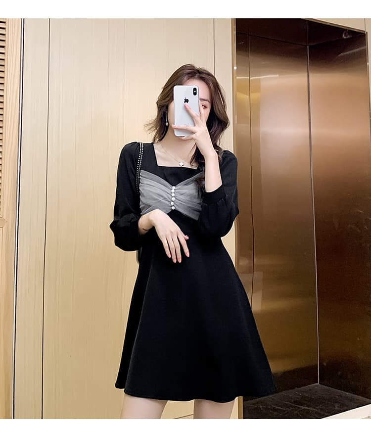 胸元チュールリボンフレアミニワンピース