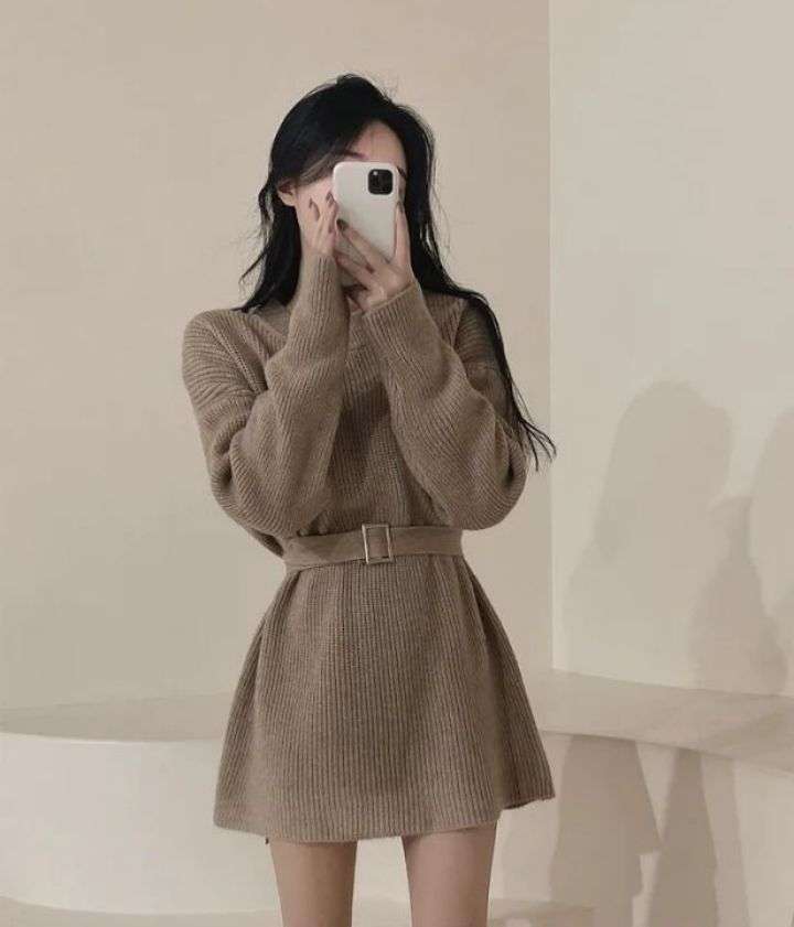 ベルト付き リブニットミニワンピース 秋冬