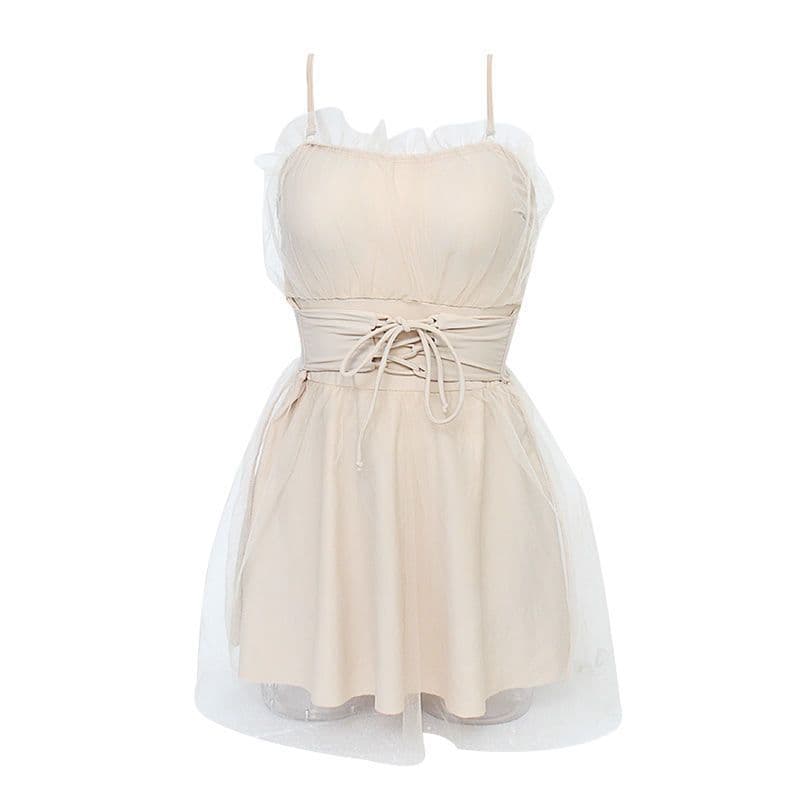 ミニワンピース レースチュール重ねミニキャミワンピース