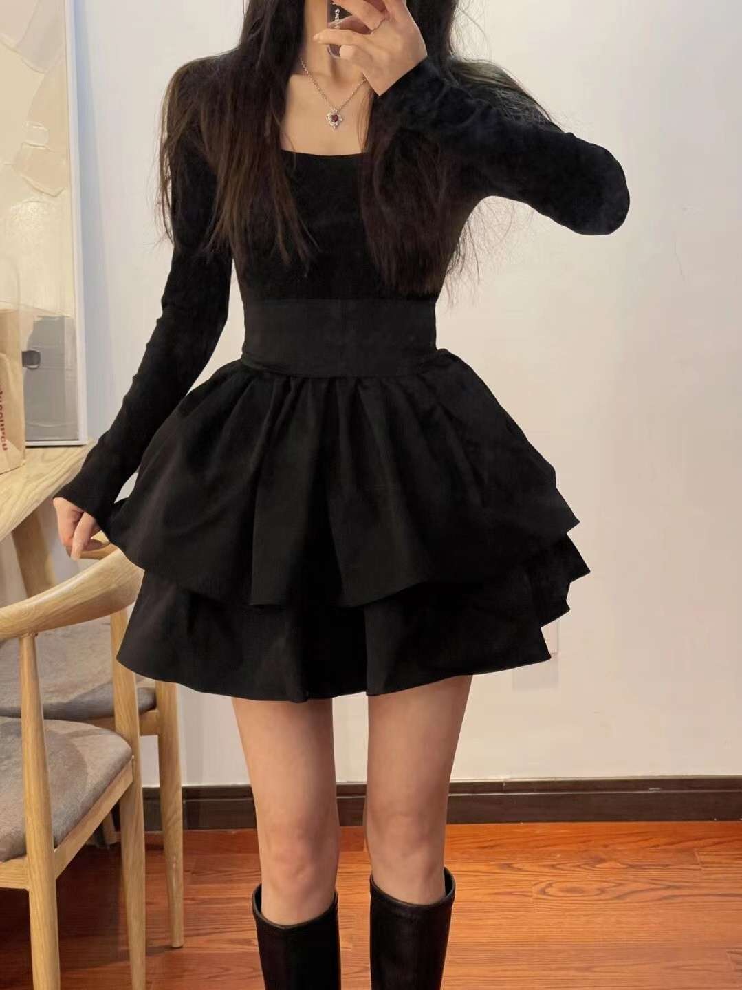 ミニワンピース 萌え袖リボンデザイン フレアワンピ スクエアネック