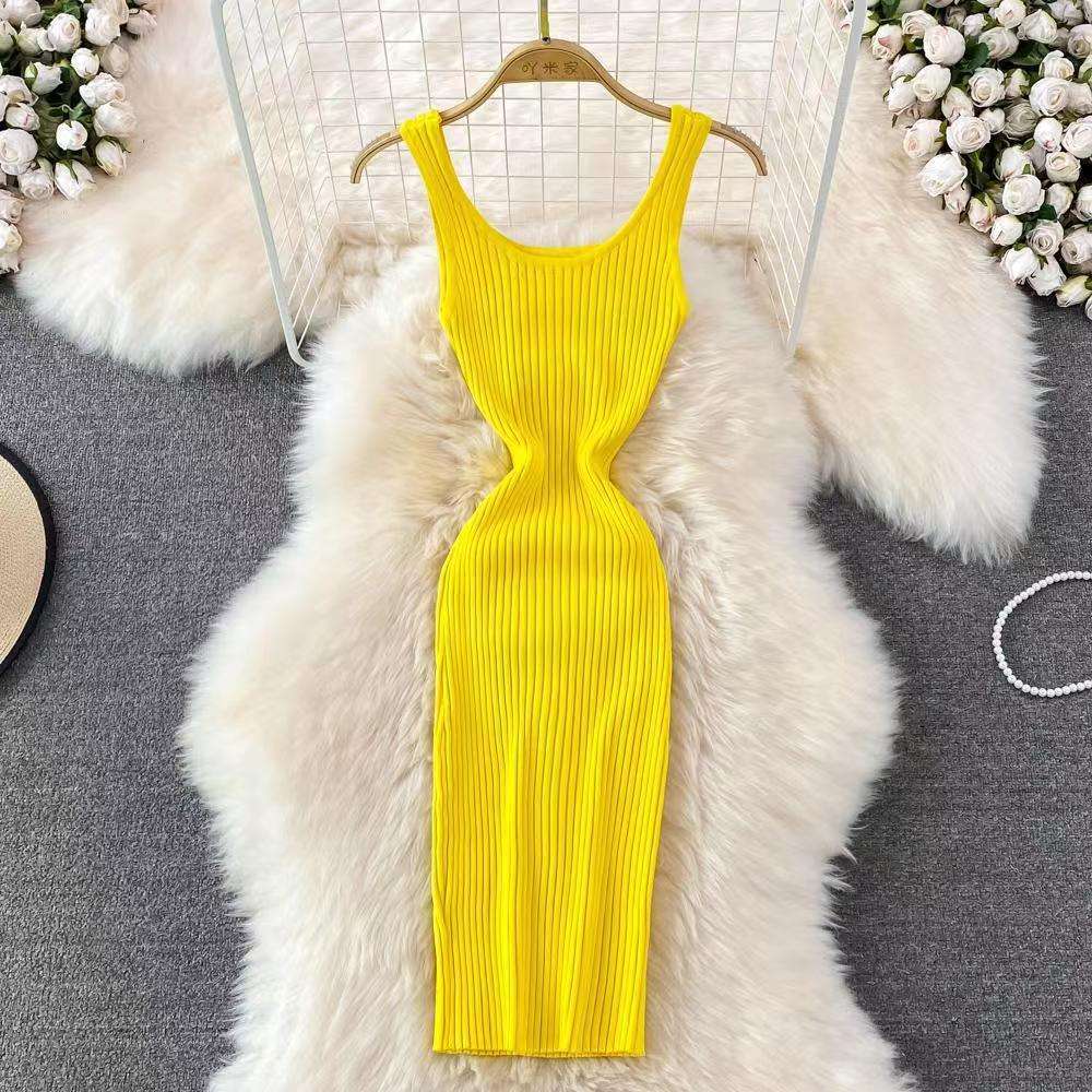 リブニット素材 タイトニットミニワンピース 夏用