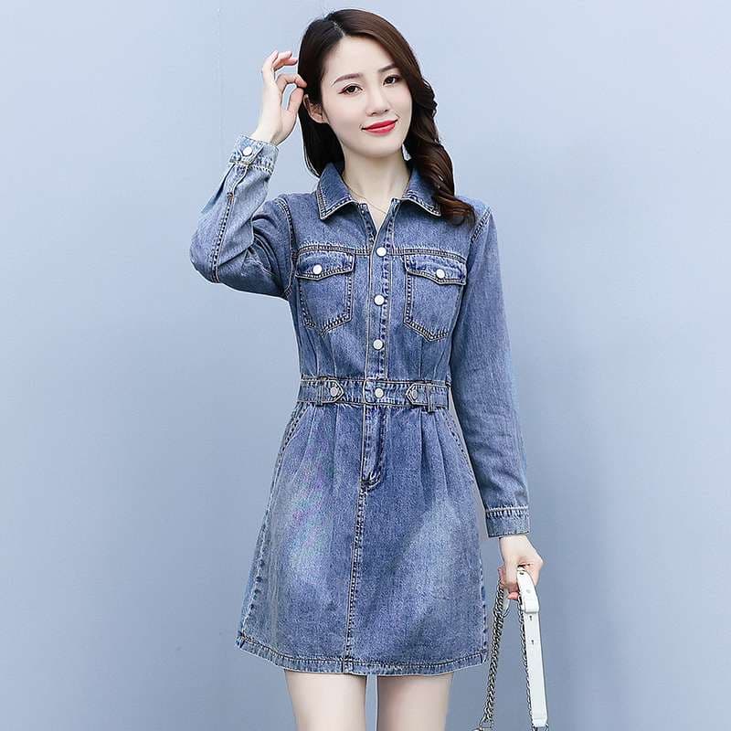 シャツカラーデニムミニワンピース