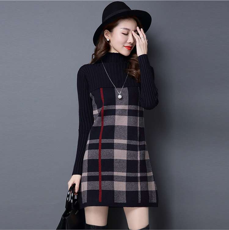 ミニワンピース チェック柄タートルネックワンピース