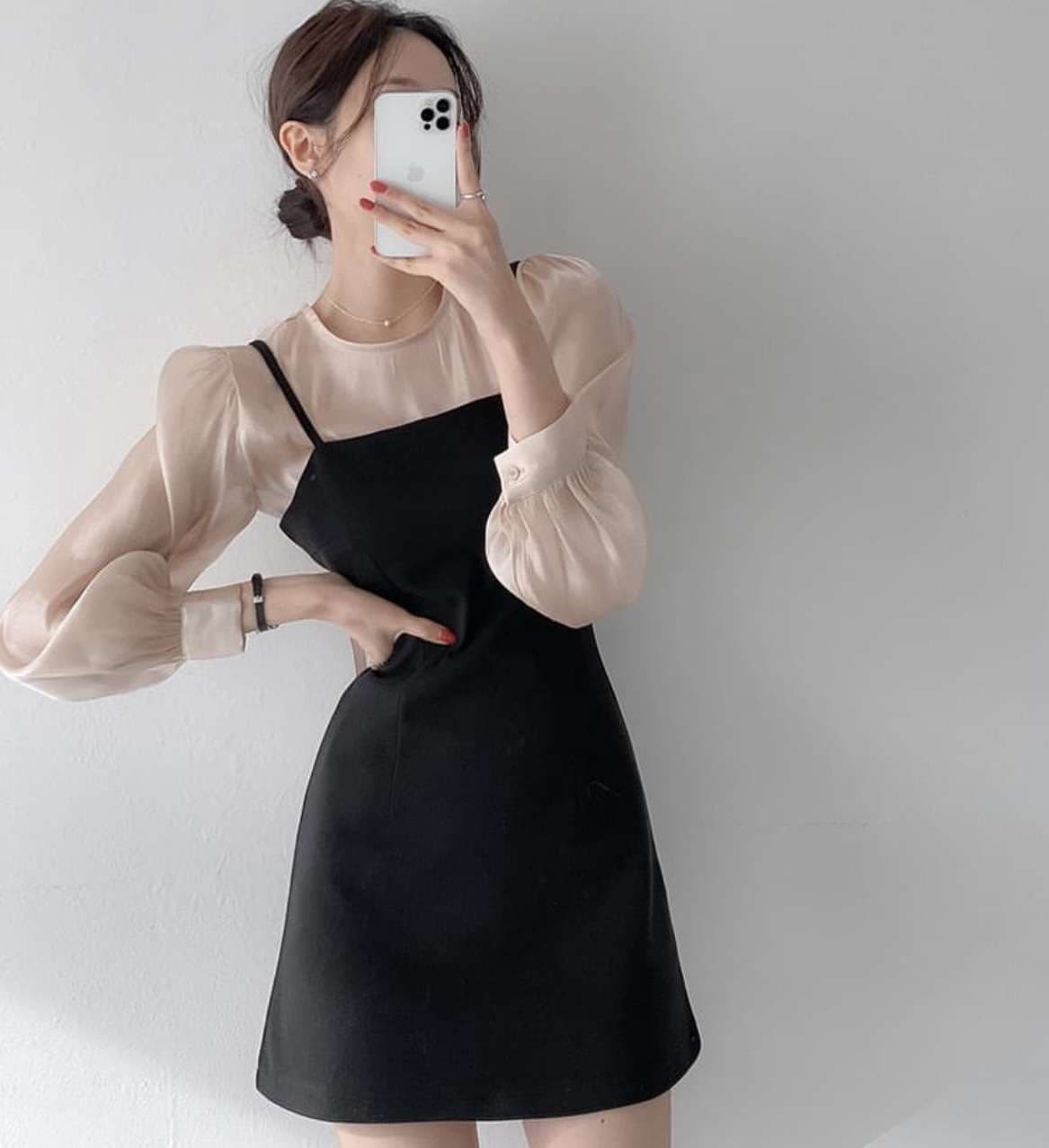透け感シアーブラウス×レイヤードキャミワンピース セット