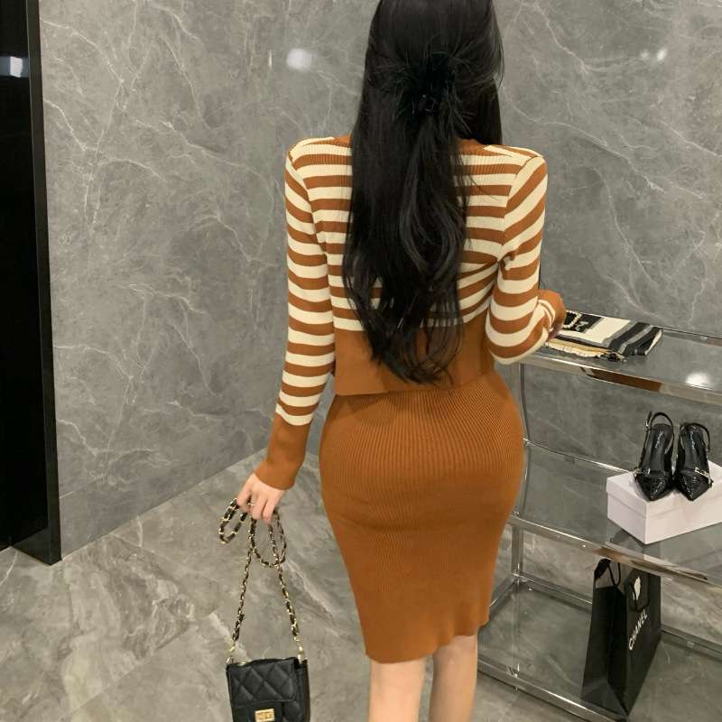 ボーダー柄カーディガン&タイトミニワンピースセット　リブ素材