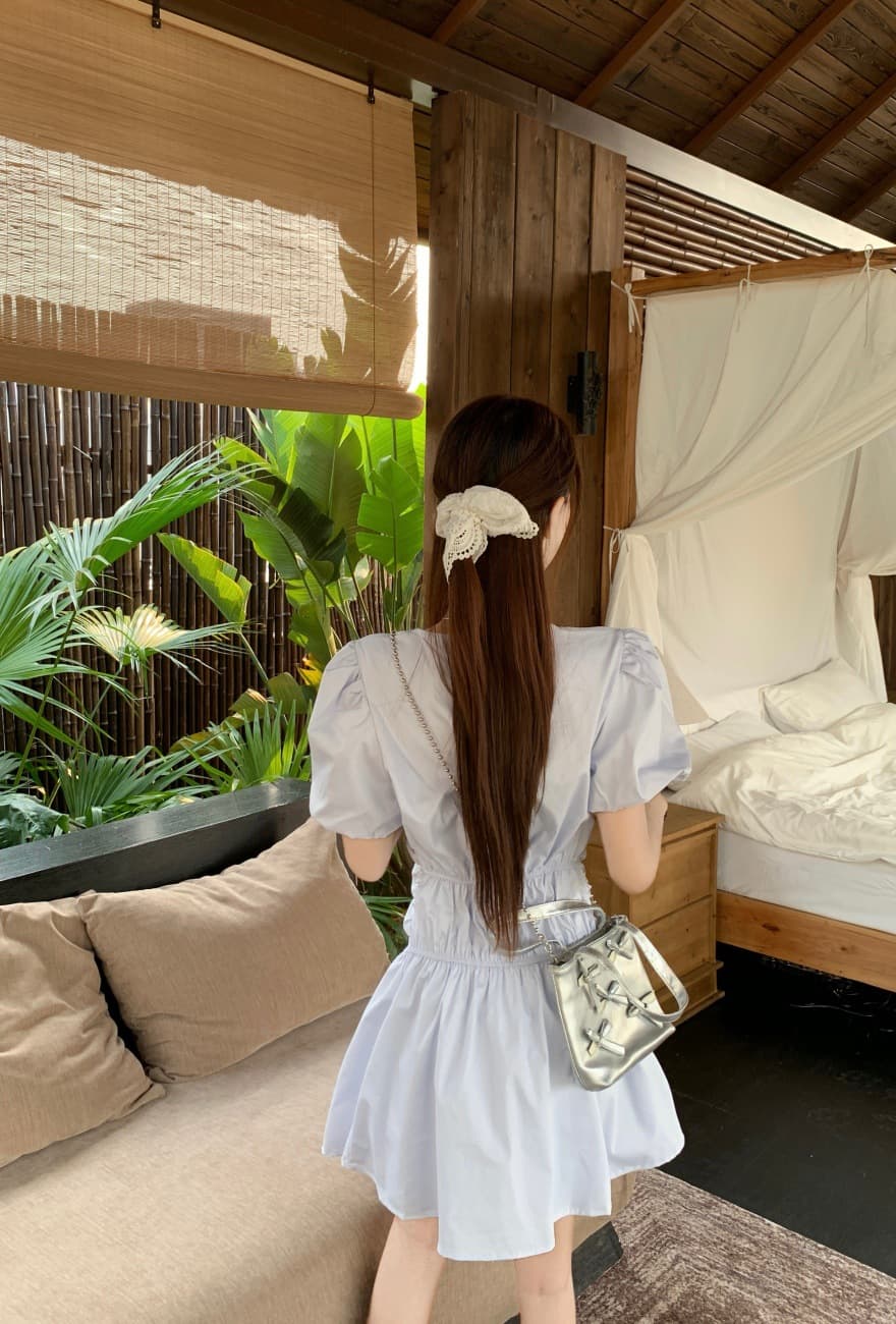 ミニワンピース ぽわん袖フロントボタンシャツミニワンピース