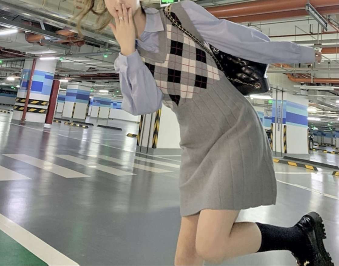 チェック柄ベスト付きシャツミニワンピース