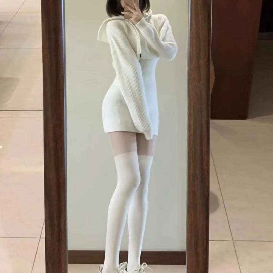 フード付きリブニットミニワンピース