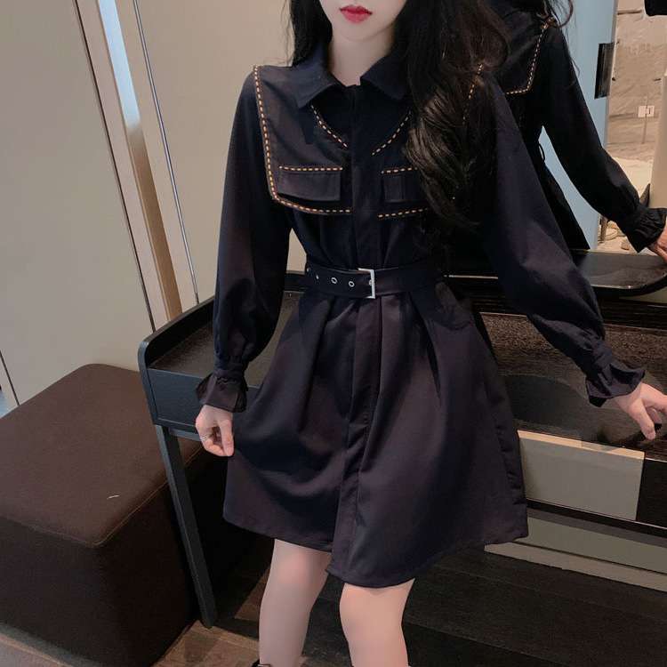 襟付きベルテッド シャツミニワンピース