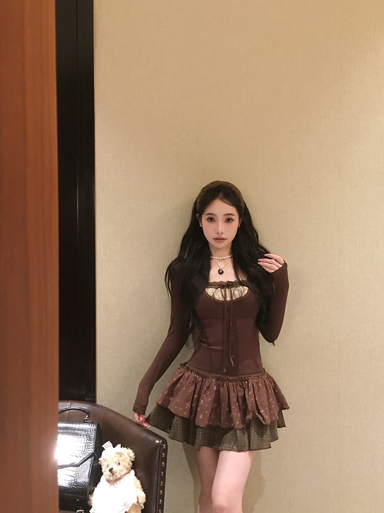 レースアップ ミニワンピース フリル