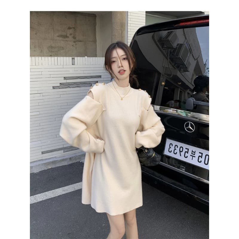 シースルーショルダーふんわりニットミニワンピース