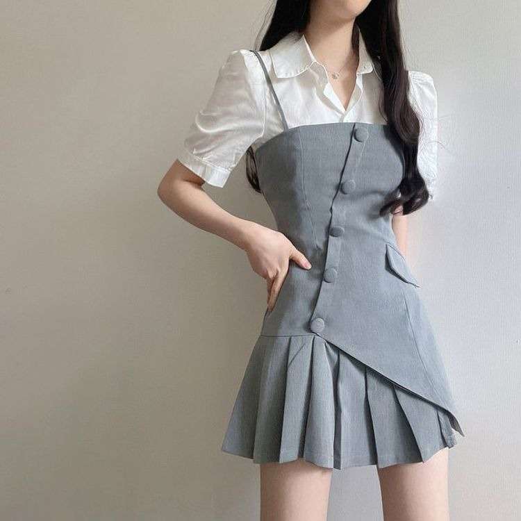 ミニワンピース アシンメトリープリーツキャミワンピース