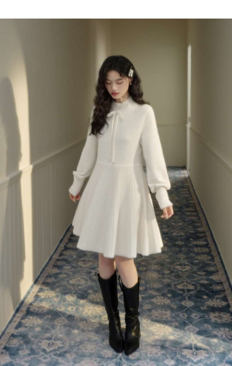 ミニワンピース プリーツミニニットワンピース