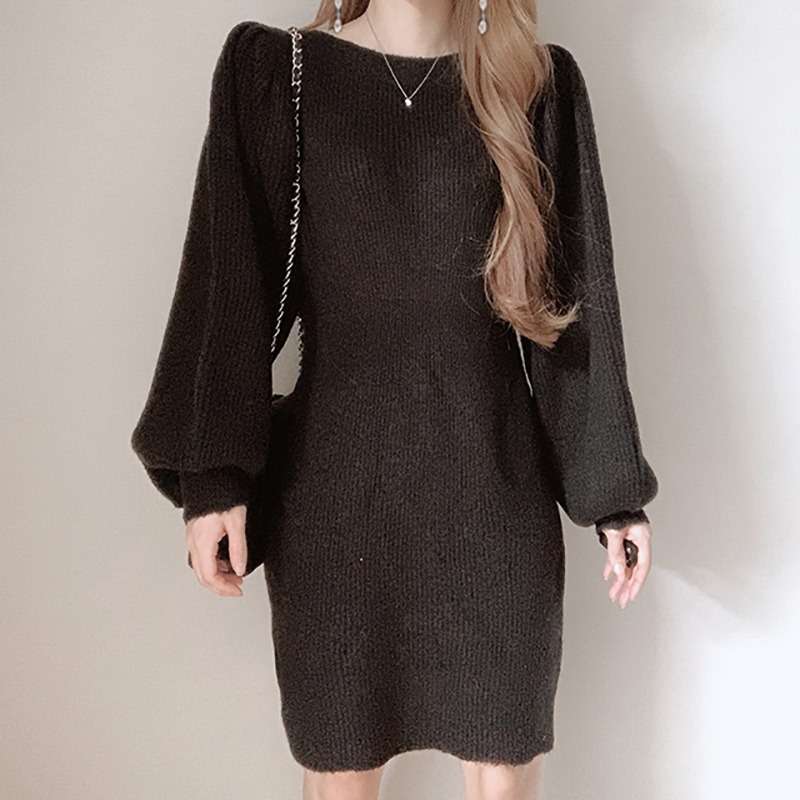 ふんわり袖のリブニットミニワンピース