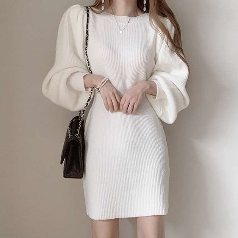 ふんわり袖のリブニットミニワンピース