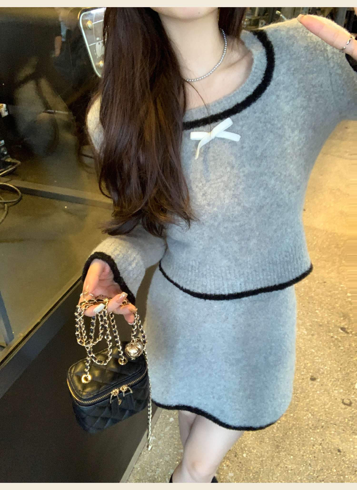 リボン付き ニットミニワンピース