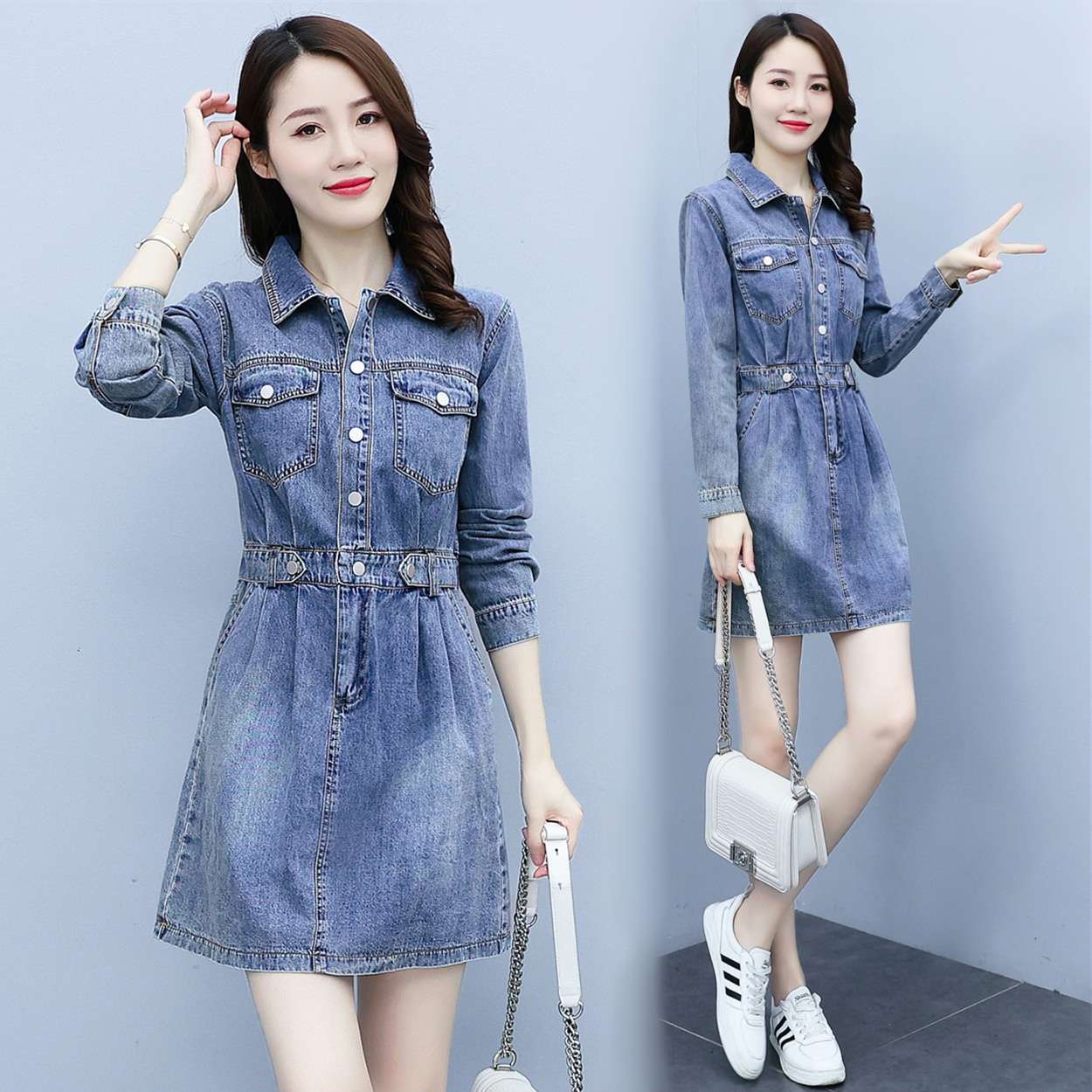 シャツカラーデニムミニワンピース