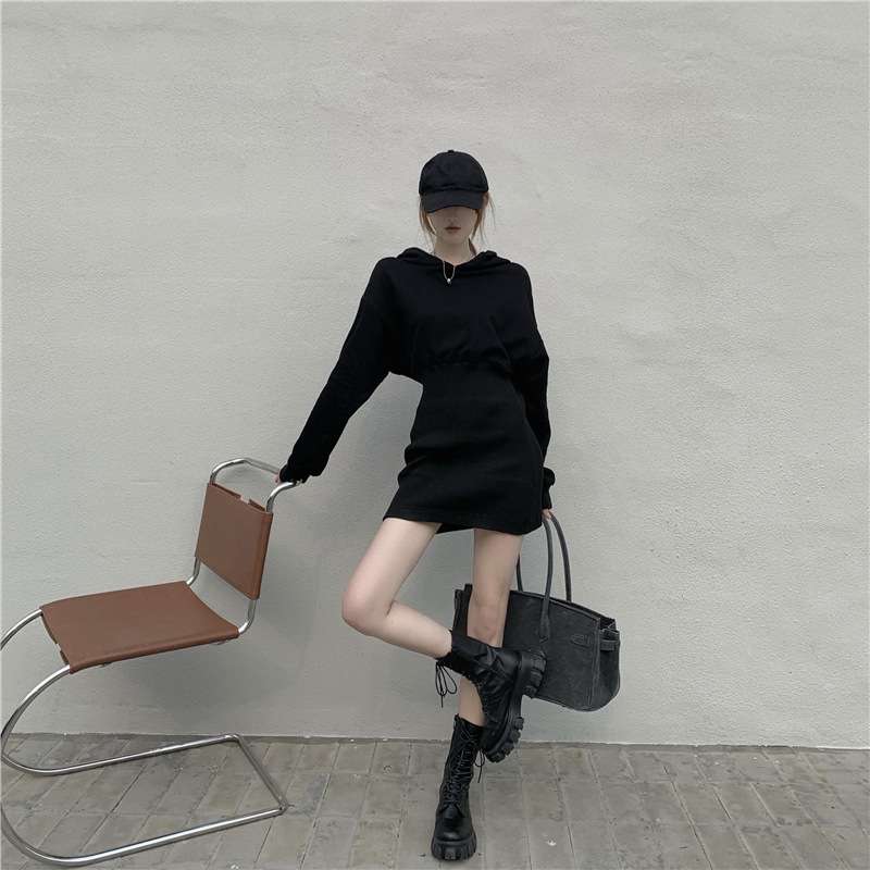 シンプルリブ切替パーカーミニワンピース