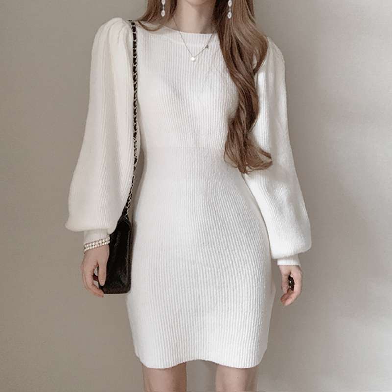 ふんわり袖のリブニットミニワンピース