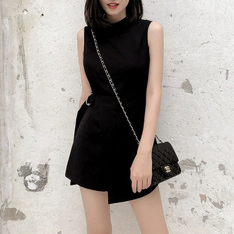 ミニワンピース ハイネック ベルト付き ノースリーブミニワンピース