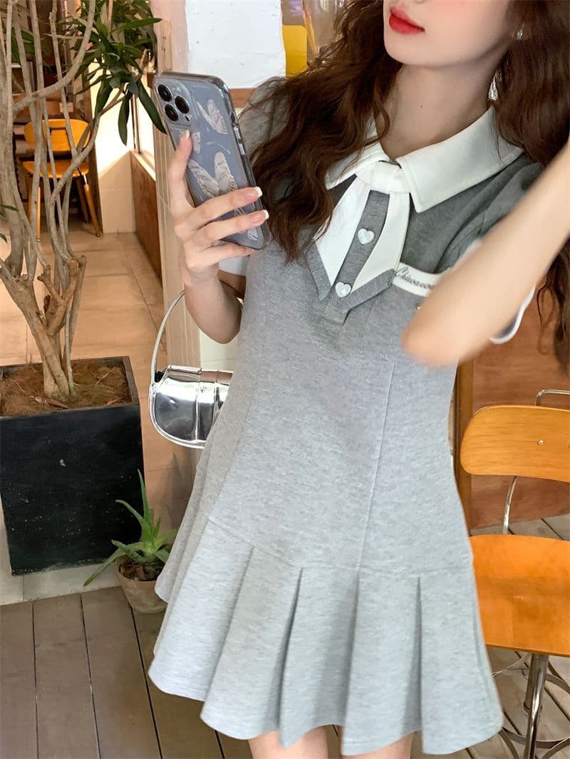 セーラー襟リボン プリーツフレアミニワンピース