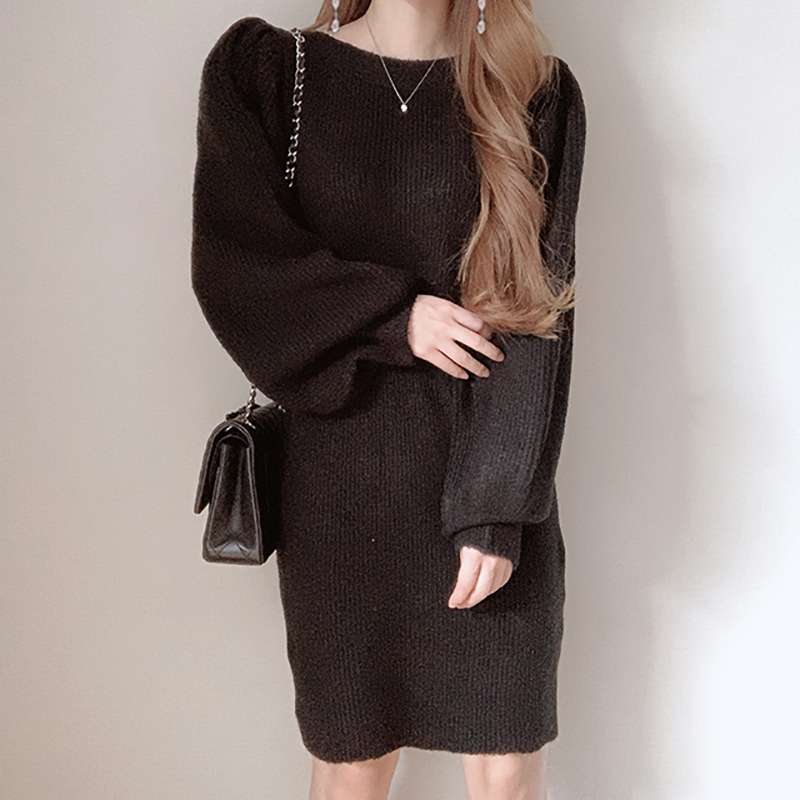 ふんわり袖のリブニットミニワンピース