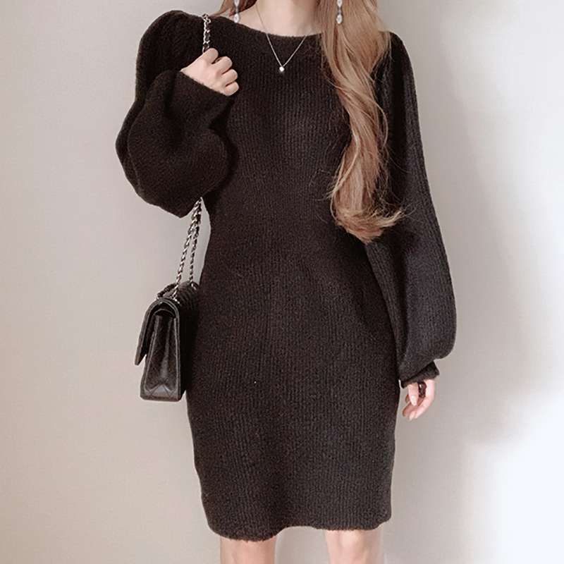 ふんわり袖のリブニットミニワンピース