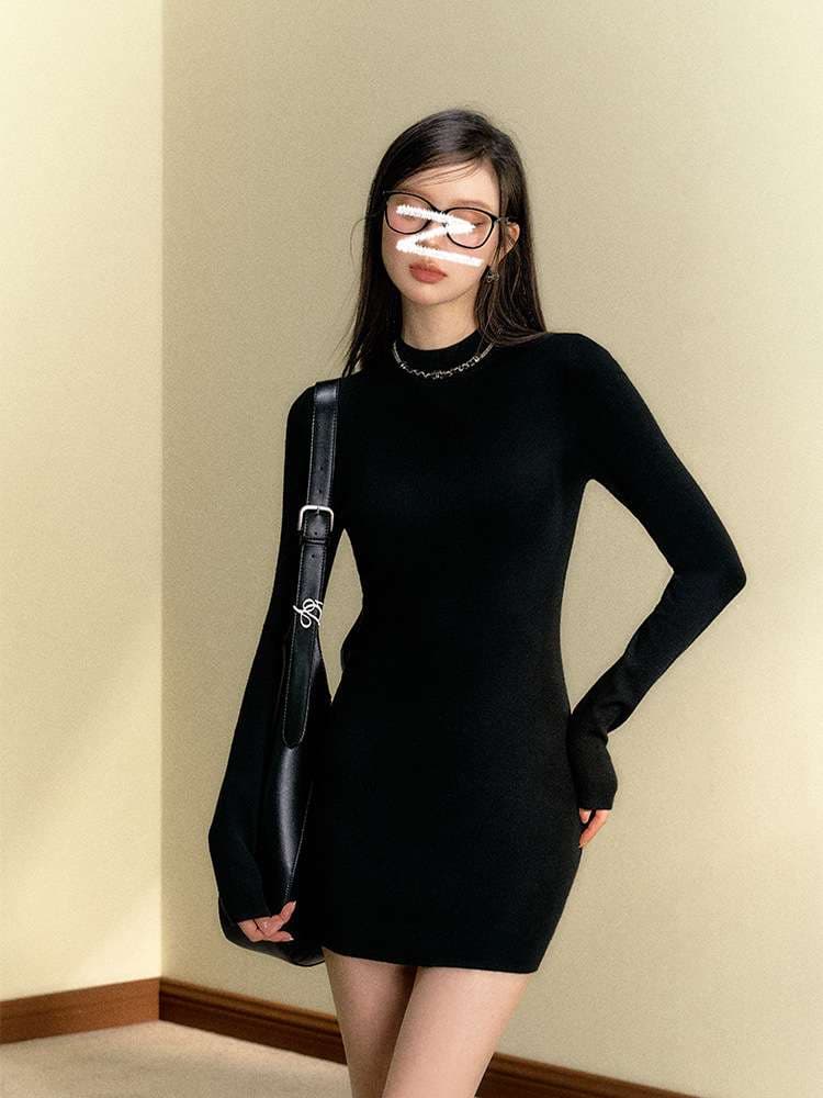 シンプルリブニットタイトミニワンピース