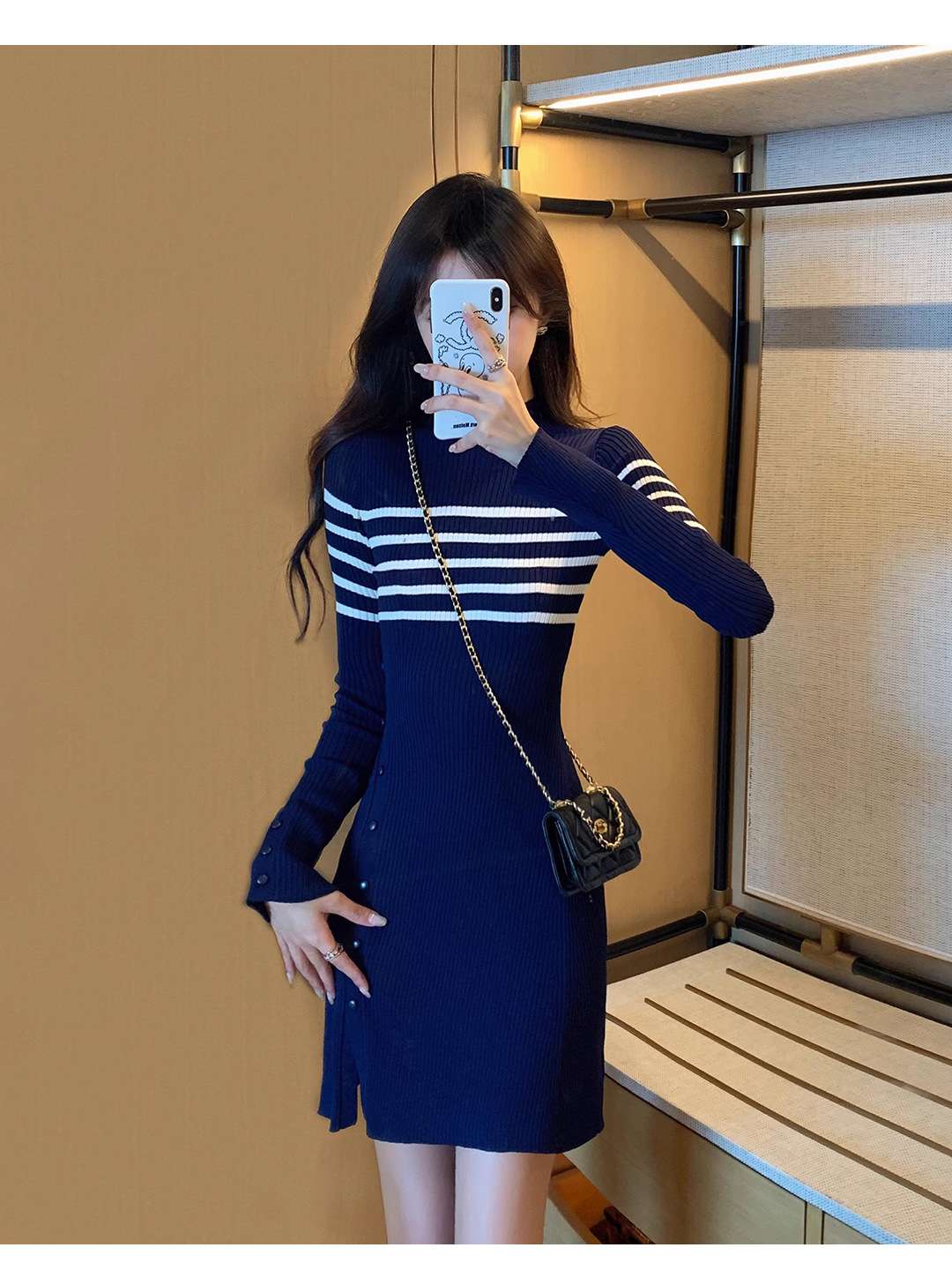 ミニワンピース 細身シルエットリブボーダーニットワンピース
