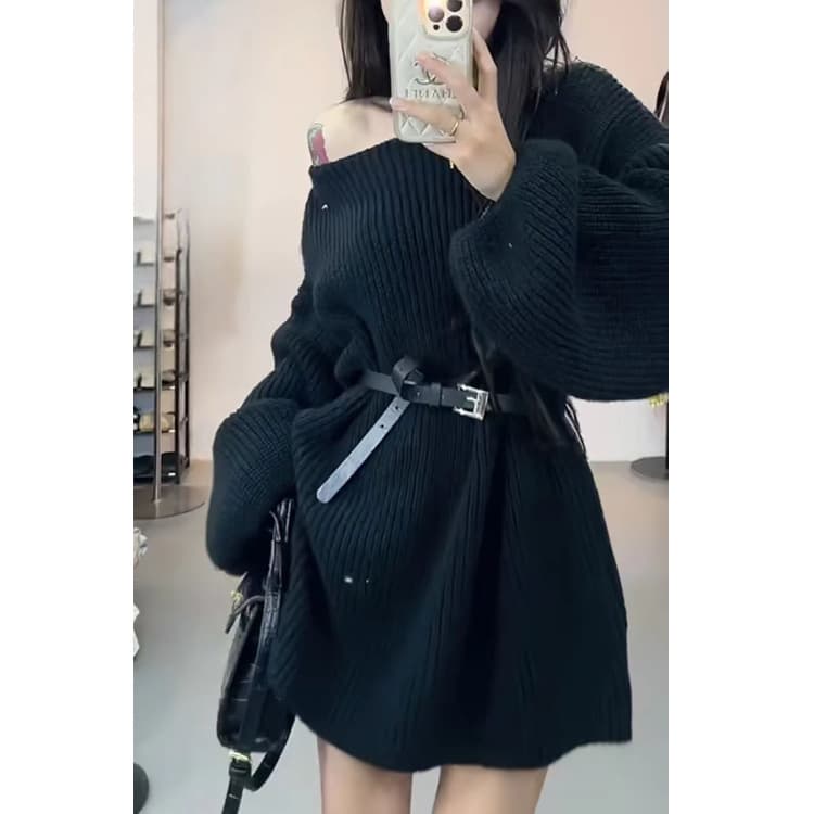 ゆるふわオフショルダー ニットミニワンピース