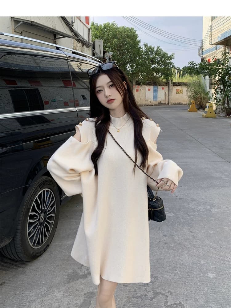 シースルーショルダーふんわりニットミニワンピース