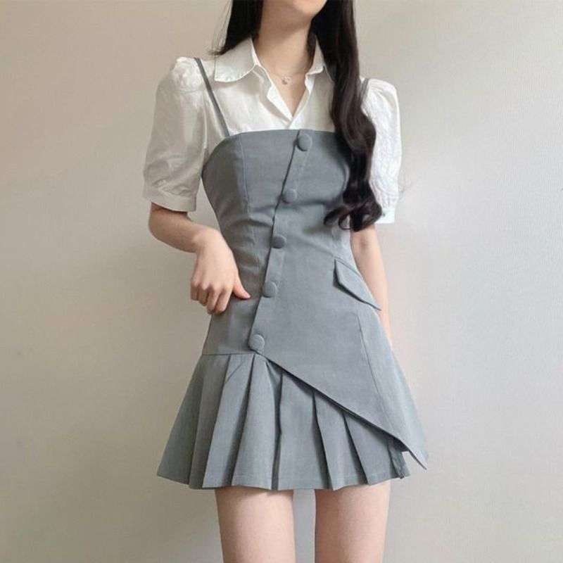 ミニワンピース アシンメトリープリーツキャミワンピース