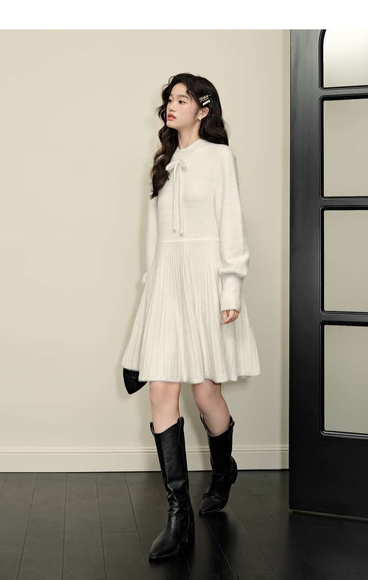 ミニワンピース プリーツミニニットワンピース