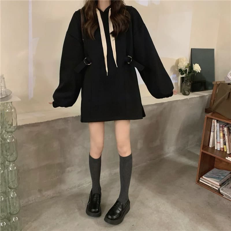 ミニワンピース 秋冬レトロ風ゆったり長袖パーカーワンピース