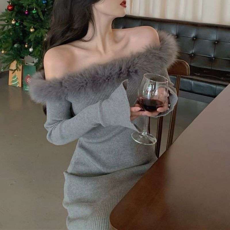 ファー付きリブニットミニワンピース