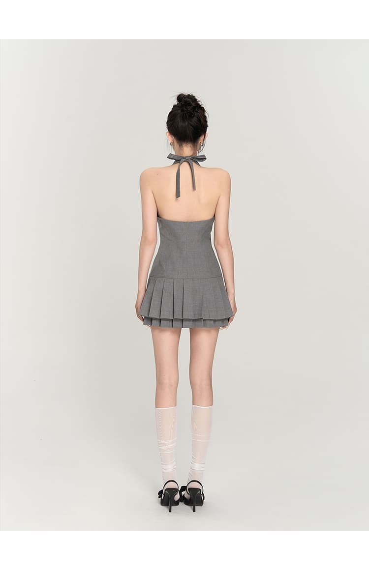 ホルターネックプリーツ フレアミニワンピース