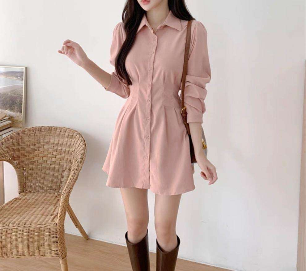 ミニワンピース ウエストタック長袖シャツワンピ