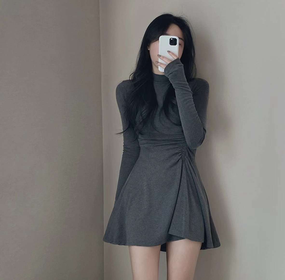 ミニワンピース シンプル無地 超ミニ丈 タイトニットワンピ 韓国風