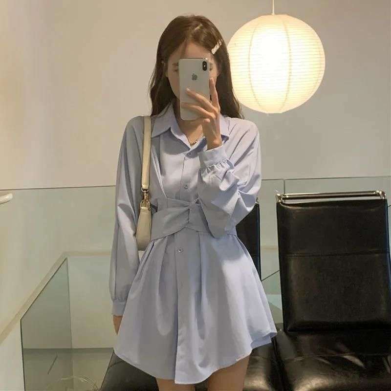 ミニワンピース ウエストリボンシャツミニワンピース&ショートパンツ 2点セット 